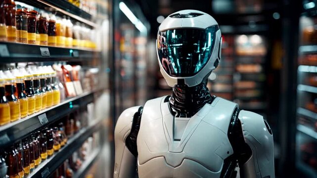 Futuristic shopping assistant robot choosing product in supermarket