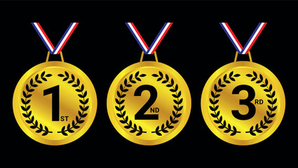Set of gold 1st, 2nd, and 3rd place award medals with red white blue ribbons, used for competition or ranking	