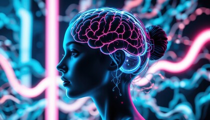 Futuristic Profile of a Woman with Neon Brain Illustration and Digital Neural Connections in Background