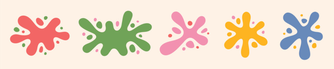 Blot shapes set, colorful splashes collection with uneven fluid rounded wavy edge. Paint spots, blots, puddles, stains with drops, blobs. Liquid watery graphic design elements, text backgrounds set.