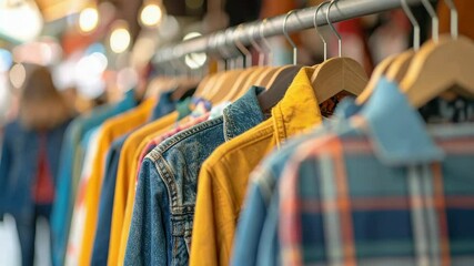 Colorful clothes hanging on hangers create a vibrant display in a store.