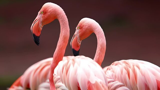 Two Graceful Flamingos in Pink Plumage Against Blurred Brown Backdrop Showcasing Exotic Birds with Vibrant Colors