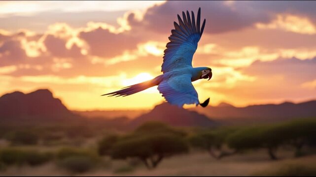Vibrant blue Spix's Macaw in mid-flight over the arid Caatinga of Brazil, neon-pink sunset, hyper-realistic plumage, cinematic composition, critically endangered species