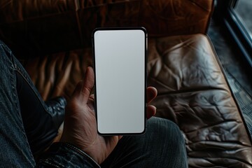 Premium Quality Image of a Mans Hand Holds a Blank Smartphone with a Black Frame