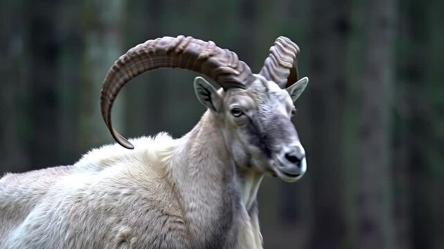 Majestic Markhor Portrait Featuring Light Brown Fur and Curving Horns Set Against a Blurry Forest Backdrop