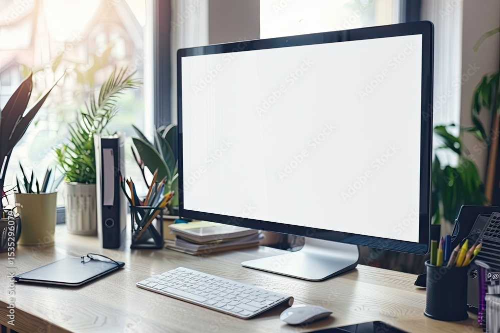 Poster high detail picture of computer monitor with mockup screen on the desk