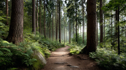 Beautiful forest background for screensaver. with sunbeams. Calm close-up of fairytale forest and nature landscape, panorama. Summer vacation, holiday, amazing nature.