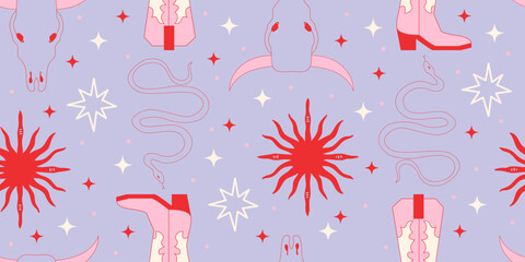 Cowgirl Stickers Seamless Pattern Background. Vector Design Elements. Wild West, Western Themed, Y2K.