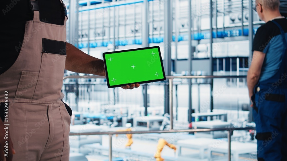 Aufkleber smart factory engineer oversees operation of robotic arms and conveyor belts using green screen tabl