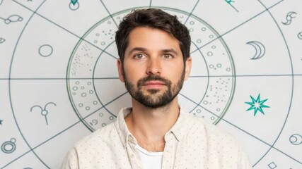 astrology reading concept, Man with beard confidently stands before astrological chart, showcasing zodiac symbols and celestial