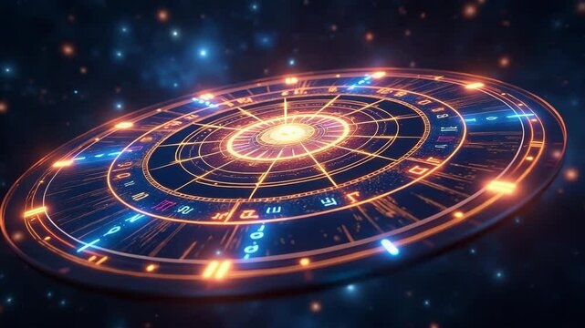 astrology reading concept, Vibrant Cosmic Astrology Wheel with Glowing Zodiac Symbols Against Celestial Background Evokes Mystery