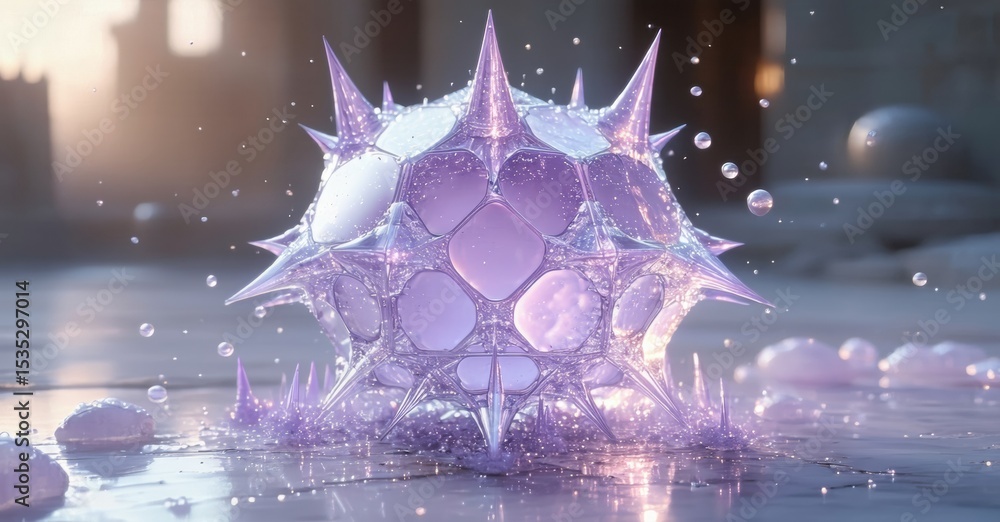 Poster Purple spiky orb rests upon wet surface. Light reflects, creating dynamic visual effect. Bubbles surround central form.