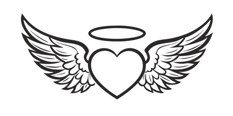Heart with angel wings and halo: A romantic, graphic illustration showcases a heart adorned with angel wings and a halo. This stylized image evokes love, protection, and divine guardianship