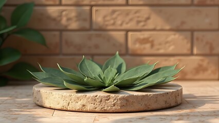 Obraz premium Serene Succulent on Beige Terracotta Circular Stone Display