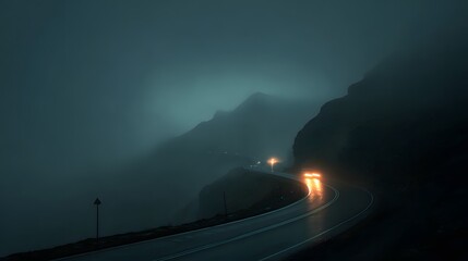 Driving through foggy mountain road tunnel at night, spooky and atmospheric view