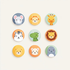 Cute animal face buttons with mouse lion giraffe zebra dinosaur seal and bear arranged in grid on light background playful and cheerful design