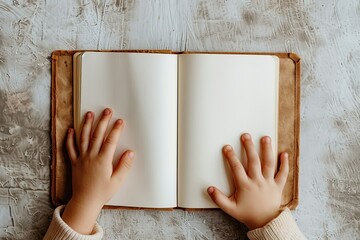 Premium Quality Visual of Kid Hands Holding Open Notebook with Blank White Pages in Front of Him