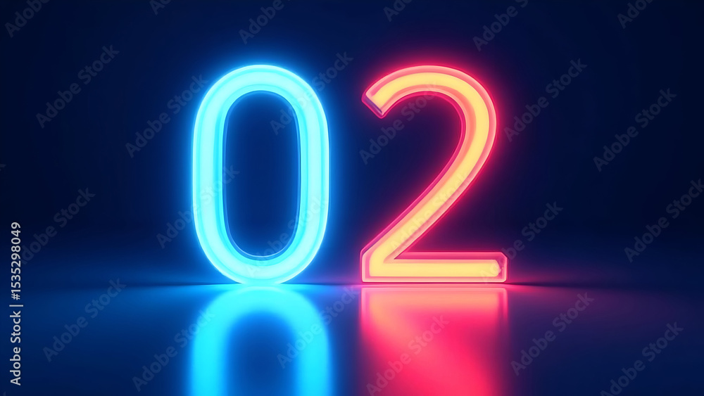 Poster abstract glowing neon figures zero and two against a dark background for a futuristic display