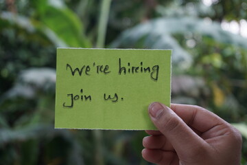 We are hiring trendy card post, Join our team recruiting message, Drop your CV sticky note message, Vacancy here icon