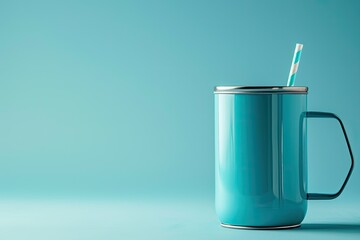 High Quality Picture of Thermos Mug with Straw Isolated on Background
