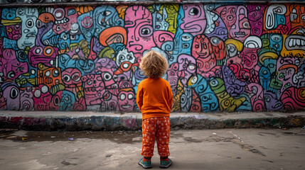 A young boy stands in front of a colorful mural