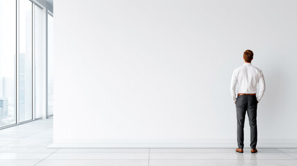 Obraz premium A man in a white shirt stands in front of a white wall