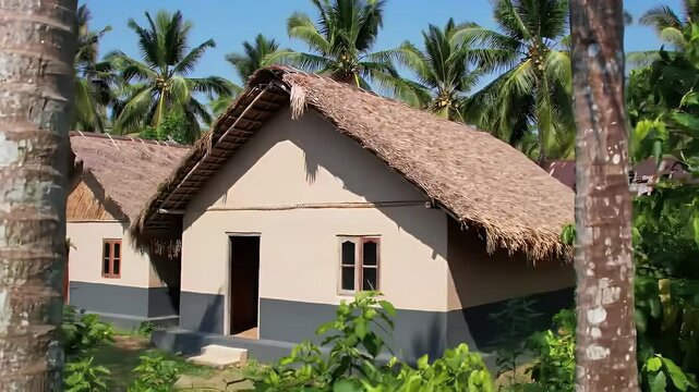 Earthy Houses with Thatched Roofs Amidst Lush Green Trees Under A Clear Blue Sky Embodying Rural Tranquil Landscape