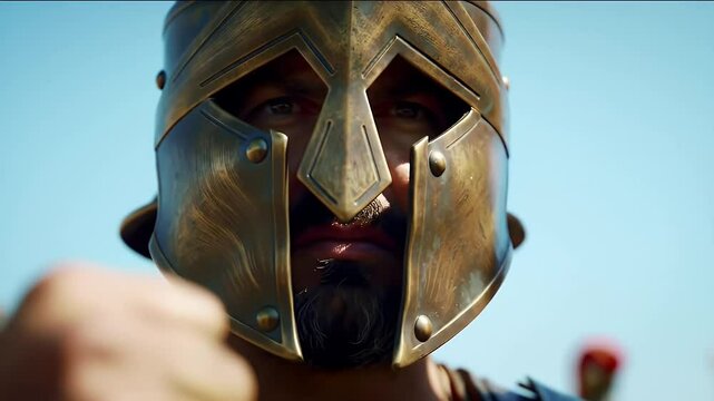 Detailed Face of Man in a Bronze Warrior Helm Against Blue Sky Capturing Ancient Military Strength and Historical