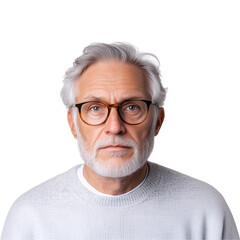 Obraz premium portrait of elderly man with gray hair, wearing a sweater and glasses isolated on a transparent background 