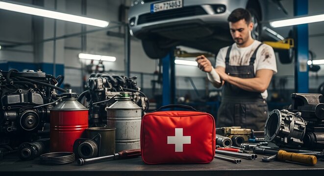 Mechanic First Aid Kit in Auto Repair Shop Workplace Safety