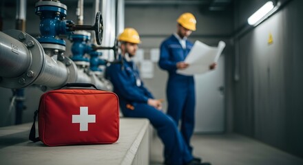 Fototapeta premium Red First Aid Kit Rests Near Industrial Pipes Two Workers in Hard Hats Review Blueprints Safety Workplace