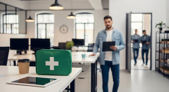 Green First Aid Kit on Modern Office Desk Workplace Safety Health Care Emergency Preparedness