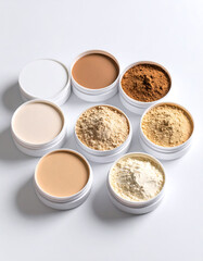 Beauty Powders in Circular Containers on White Surface