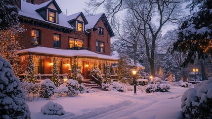Snow-covered brick house decorated with christmas lights at dusk