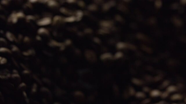 Coffee beans roasting inside professional metal roaster, rotating metal auger mixing dark, rich seeds during traditional roasting process