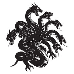 Classic Scary Hydra Multi-Headed Monster Depiction Graphic, with a Fierce Look and Huge Jaws - hydra silhouette - hydra vector - silhouette of hydra - Hydra illustration
