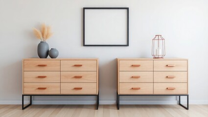 Modern Minimalist Home Decor Light Wood Dressers, Elegant Vases, and a Stylish Frame