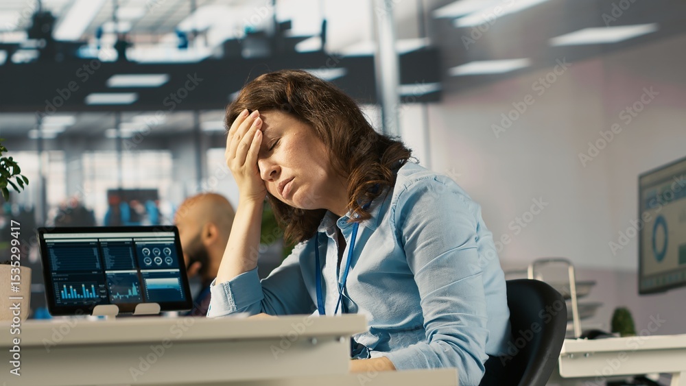 Poster upset employee in office dejected by bad news after reading negative email from business partner. de