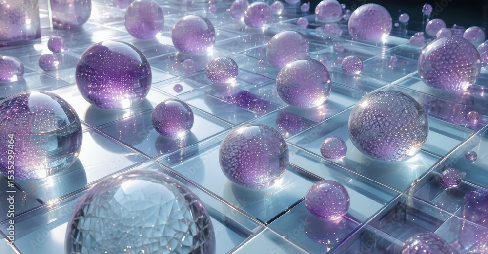 Poster purple spheres rest upon reflective surface. light creates dazzling visual effect, showcasing depth,
