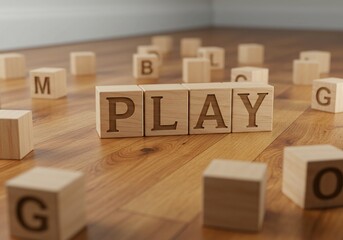 Wooden Blocks Spell PLAY on a Wooden Floor with Scattered Letters