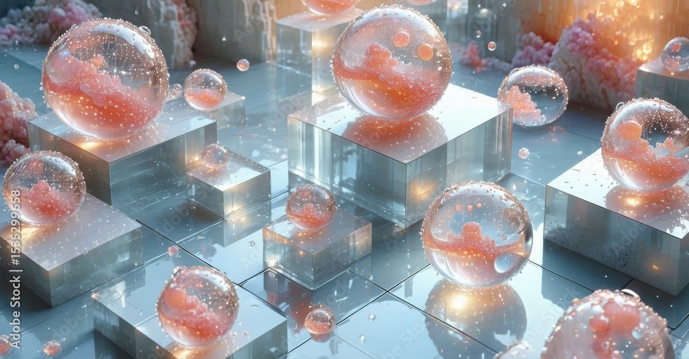Aufkleber abstract scene. glass spheres rest atop reflective cubes. soft pink hues dominate, creating ethereal