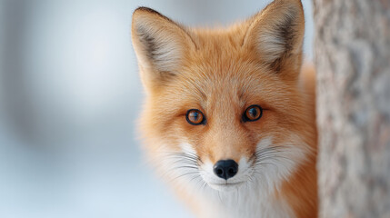Obraz premium Curious fox peeking from behind tree in snowy winter forest, alert expression, orange fur, white background, closeup wildlife portrait, natural habitat