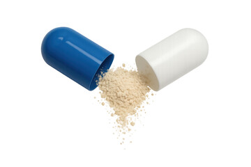 Open medical capsule spilling powder on a transparent background, perfect for pharmaceutical and healthcare projects