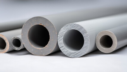 Fototapeta premium Grey pvc pipe of different sizes against a white background.