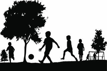 Silhouette of children playing soccer in a park with trees and a swing set.