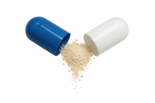 Open medical capsule spilling powder on a transparent background, perfect for pharmaceutical and healthcare projects