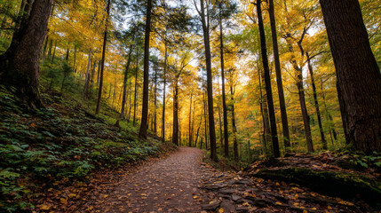 Obraz premium Beautiful forest background for screensaver. with sunbeams. Calm close-up of fairytale forest and nature landscape, panorama. Summer vacation, holiday, amazing nature. autumn