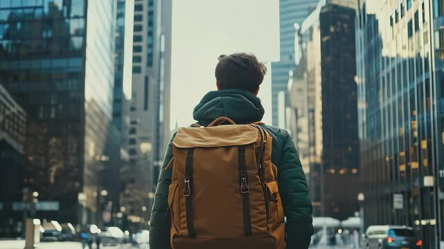 Urban Traveler Walking Among Skyscrapers