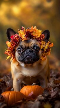 Adorable French Bulldog in Autumn Leaf Crown with Pumpkins