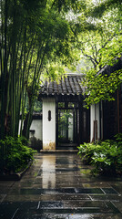 Traditional Chinese Garden Entrance with Bamboo and Stone Pathway